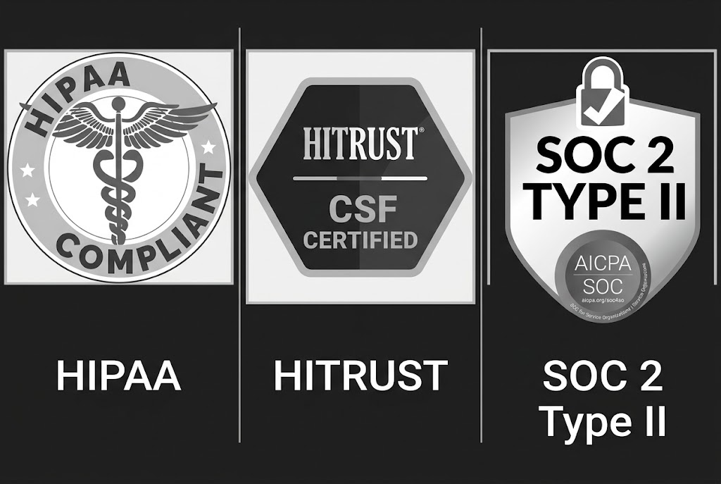 HIPAA Compliant, HITRUST CSF Certified, and SOC 2 Type II badges arranged side by side