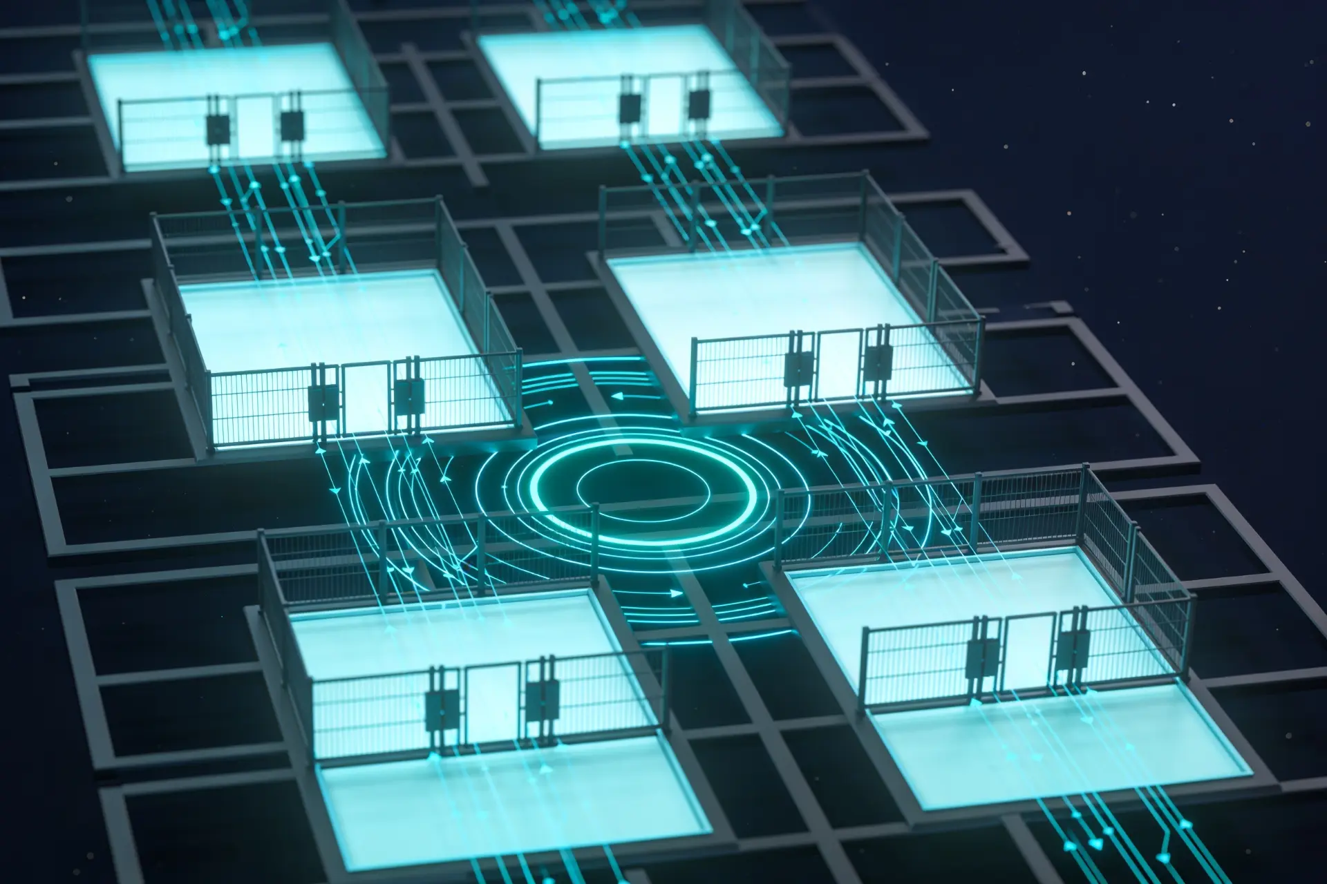 Isometric data platform with gated zones representing governance controls