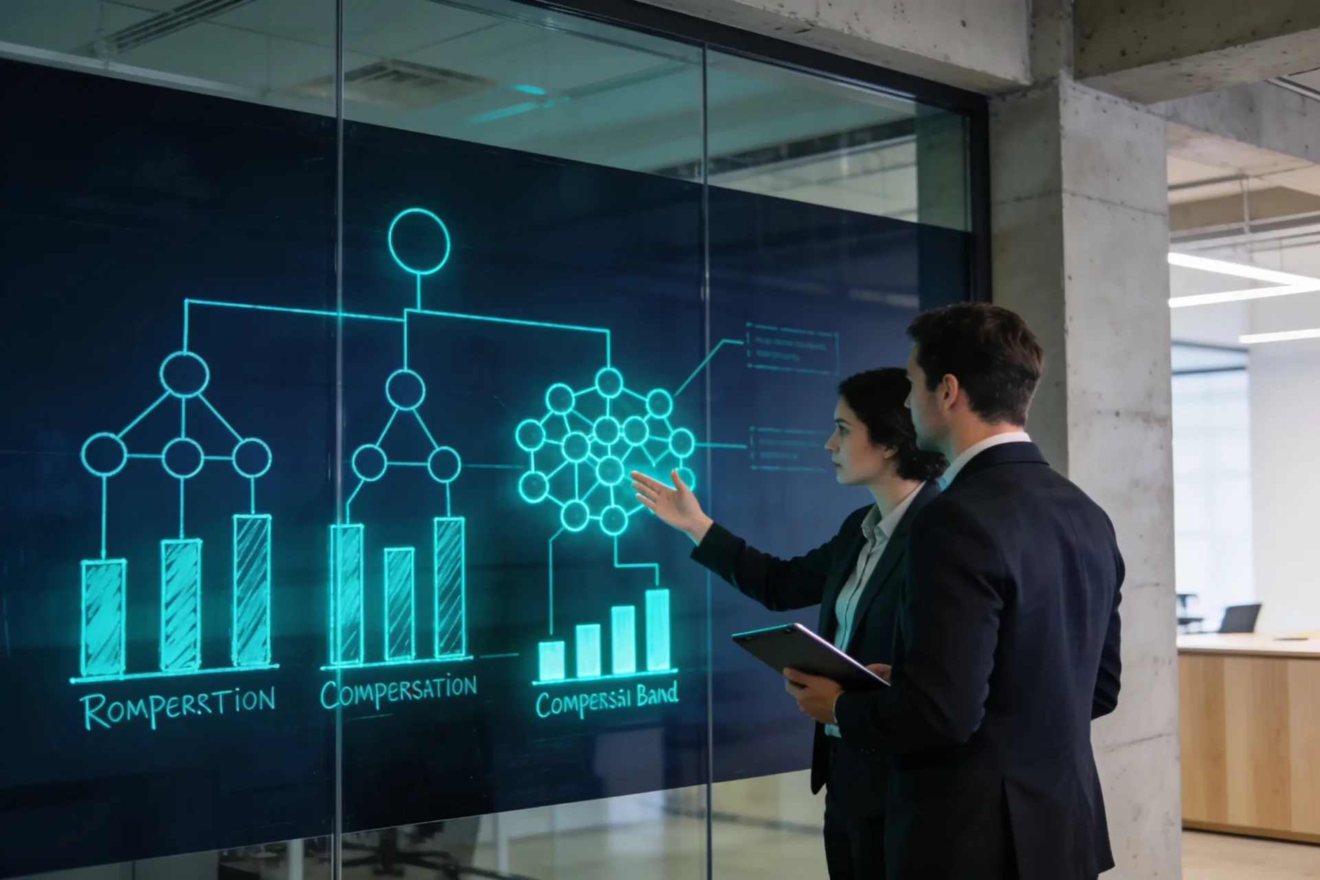 Two consultants reviewing compensation bands and org charts on a glass display