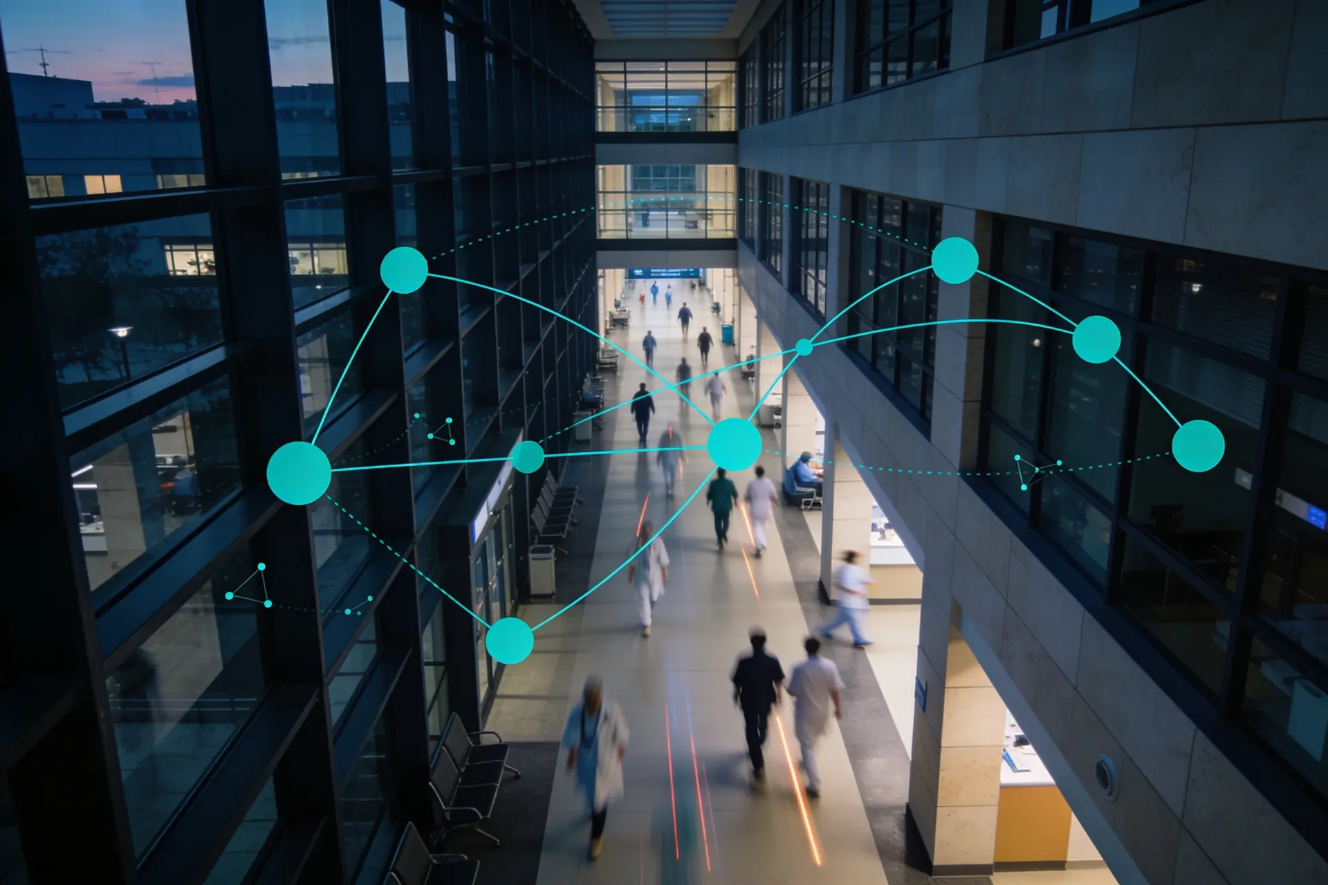 Hospital atrium with clinicians in motion overlaid by a connected data network