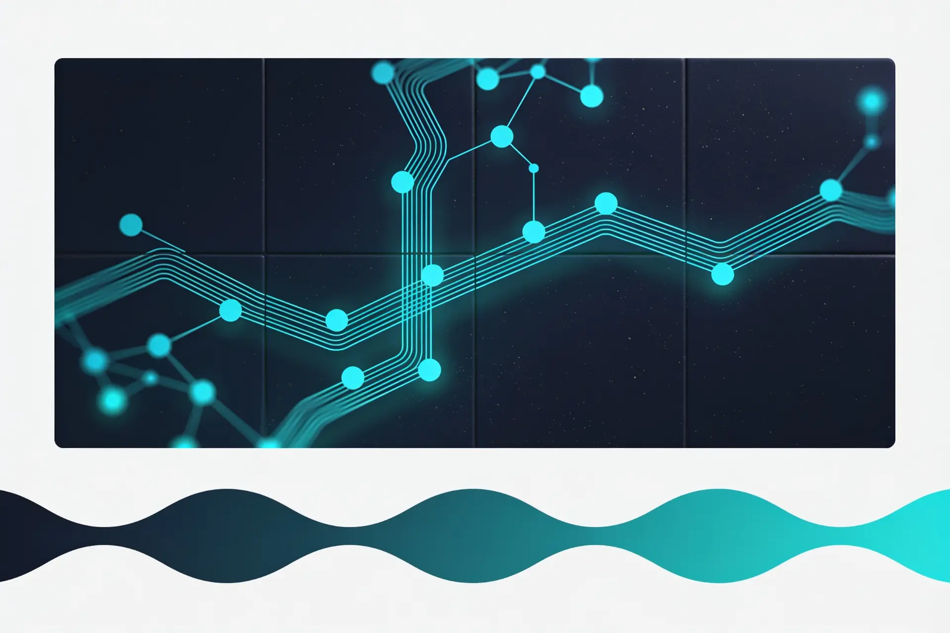 Abstract teal data network spanning a dark grid display